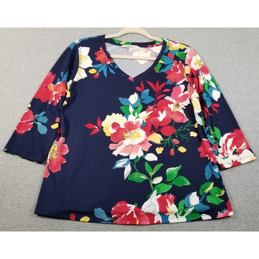 The Pioneer Woman Top Women Small S Floral V-Neck 3/4 Sleeve Stretch Spring Soft